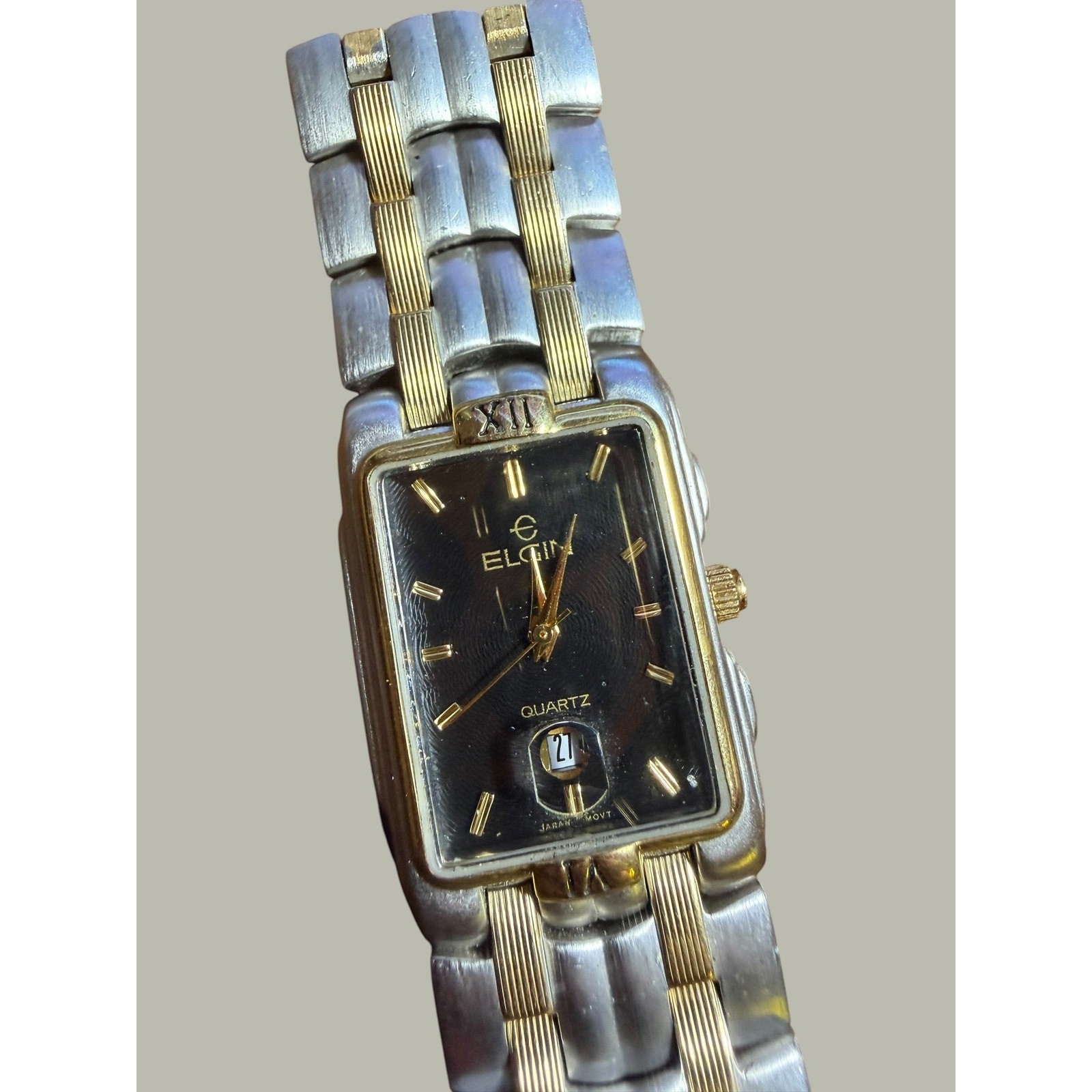 Elgin Men’s Two-Tone Quartz Dress Watch Black Dial Date Rectangle Japan Movt