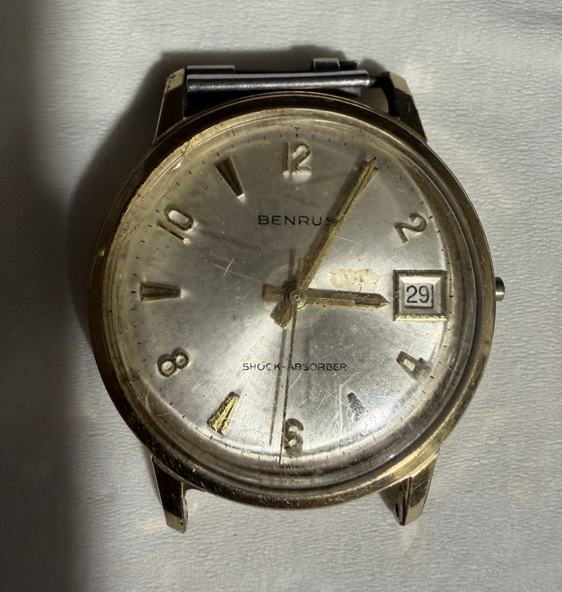 Benrus Shock Absorber Men’s Manual Wind Date Silver Dial Gold Case Bracelet