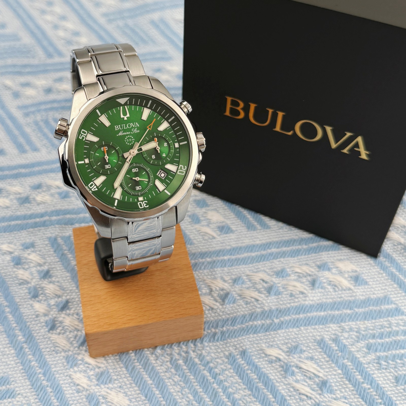 New Bulova Marine Star Chronograph Men’s Watch Green Dial 43mm/96B396