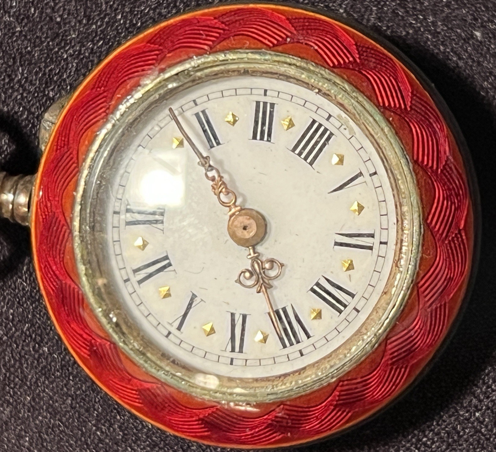 Antique Swiss DIDO-Louis Muller and Co. Red Guilloché Enamel Pocket Watch