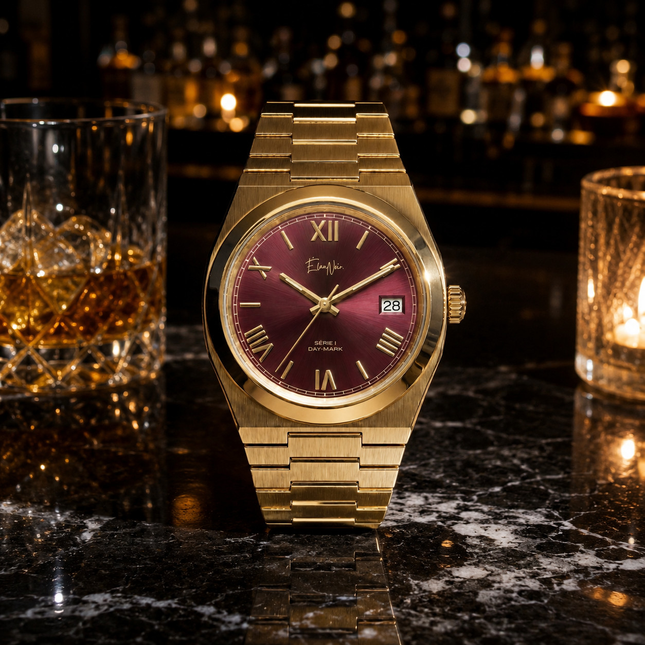 Custom Élan Noir Série I Gold/Maroon 36mm Auto NH35 Sapphire Steel Watch