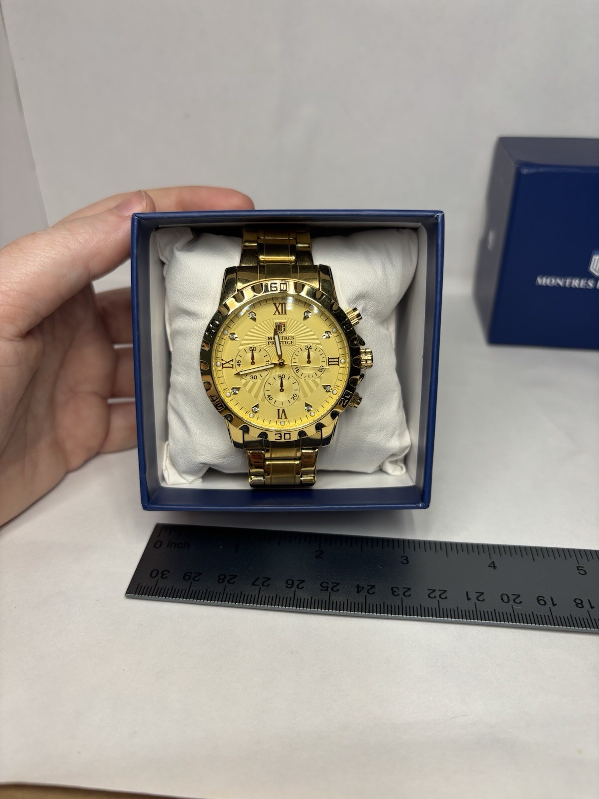 Montres Prestige Men’s Gold Tone Chronograph Quartz 44mm 30m Watch w/ Box New