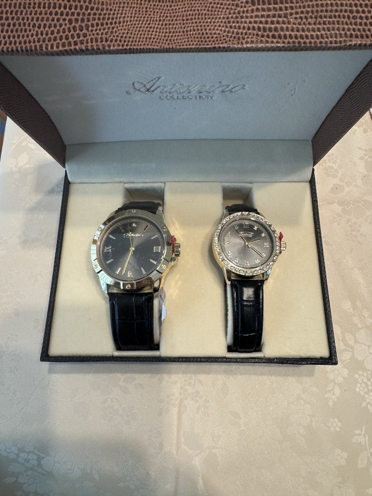 Antonio Collection Men’s+Women’s Silver Watch set with Black Leather Bands NWB