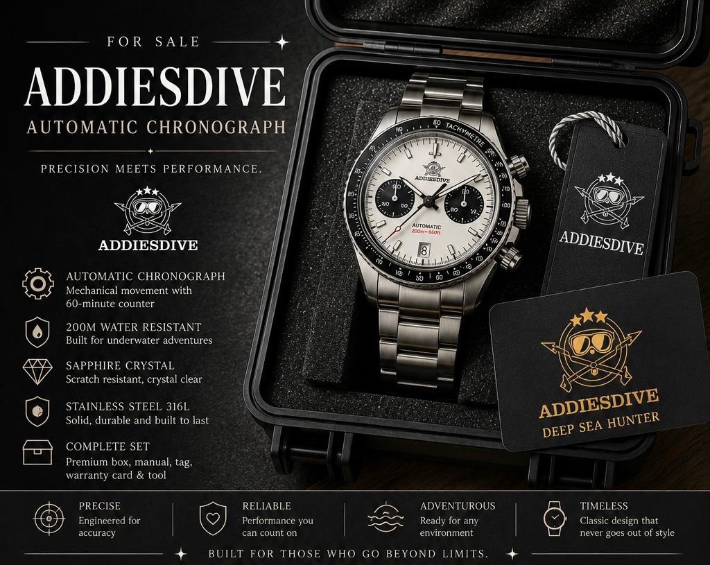ADDIESDIVE Deep Sea Hunter Automatic Chronograph 200m SS White Dial
