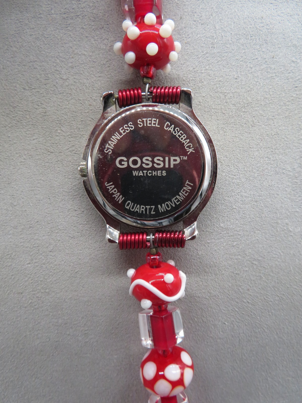 Unusual Gossip Watch Red, White & Clear Beaded Band Gemstone Bezel New Battery