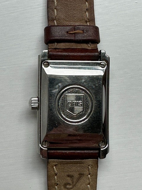 Vintage Oris Rectangular Date Automatic Guilloché Dial Stainless Steel Watch ~19