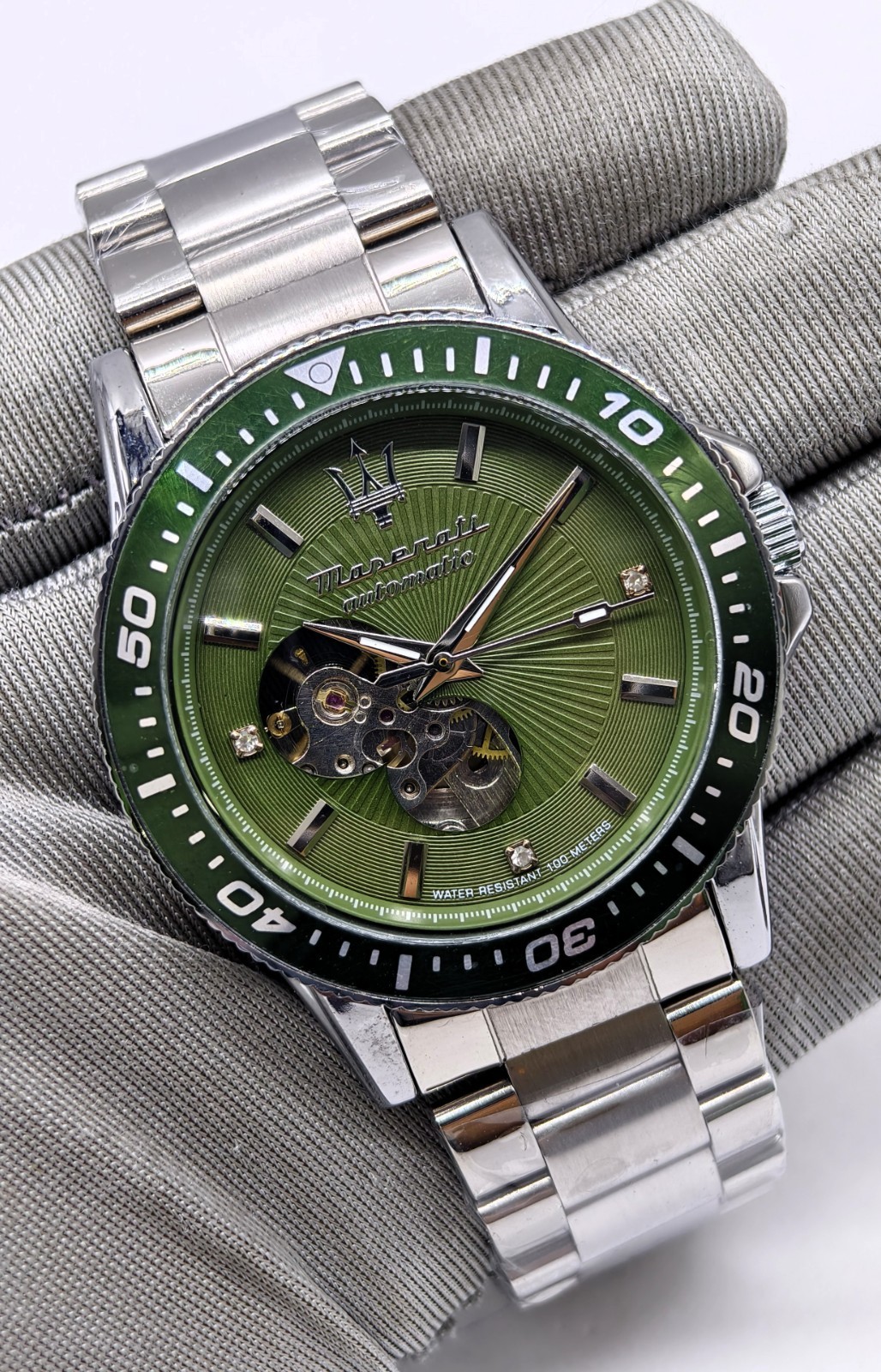 Fantastic Maserati Green Skeleton Dial Automatic Silver Band Men’s Wrist Watch