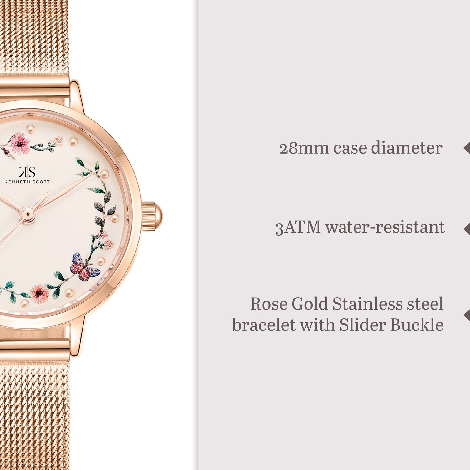 Kenneth Scott Women’s Analog Watch | Salmon Dial, 28mm, 30 m (3 ATM)