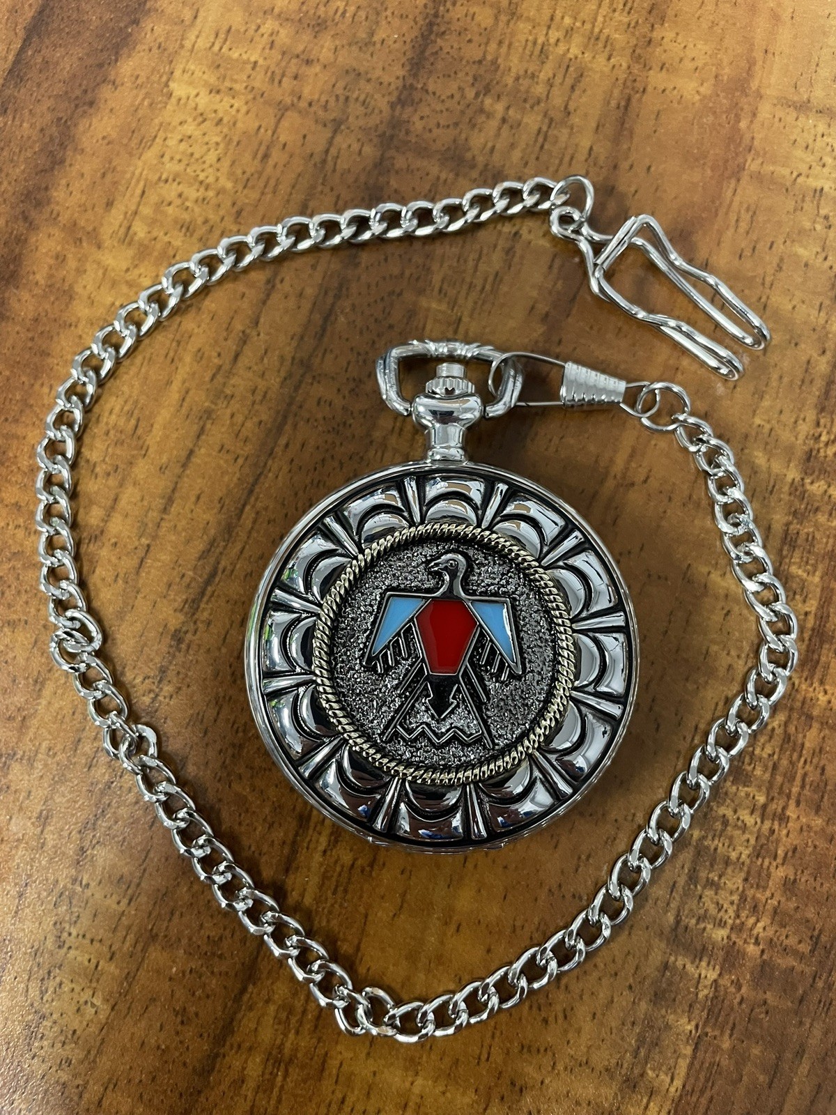 NATIVE AMERICAN THEME THUNDERBIRD POCKET WATCH RUNS “FOUNDING FATHERS” w/CHAIN