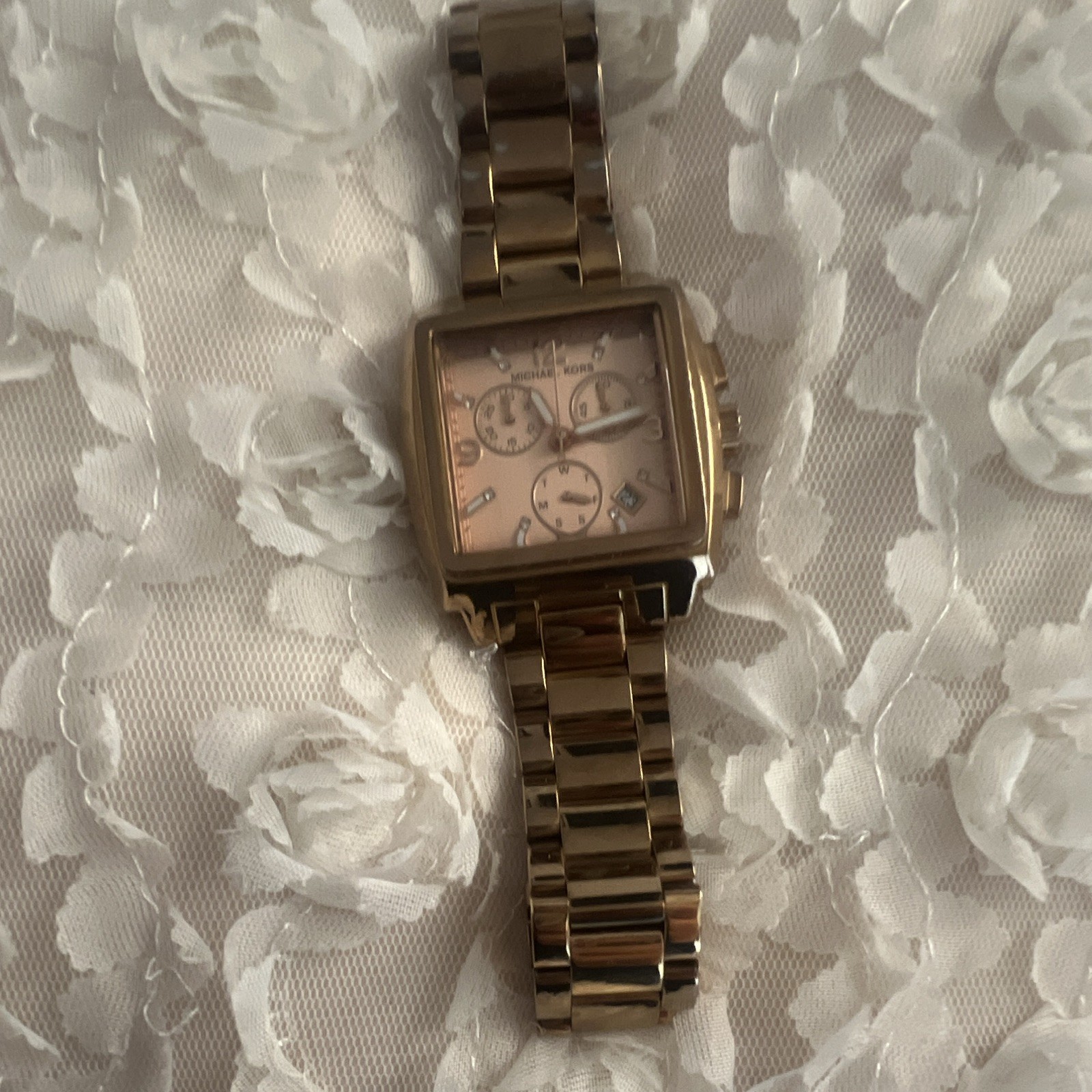 Michael Kors Chronograph Quartz Square Analog Watch Pink Dial Gold Bracelet