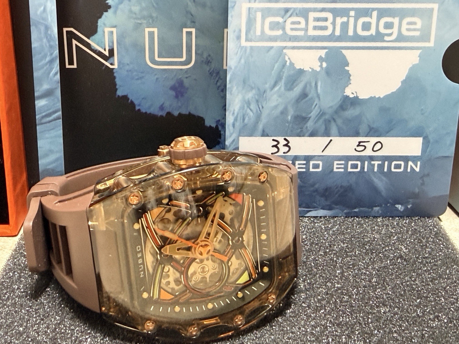 Nubeo IceBridge Limited Edition Skeleton Automatic Watch Brown Rubber Strap