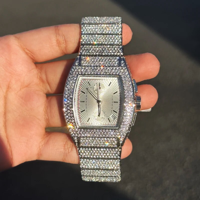 Men’s Watch Lab Diamond Iced Tonneau Shape Quartz Movement Hip Hop Style Luxury