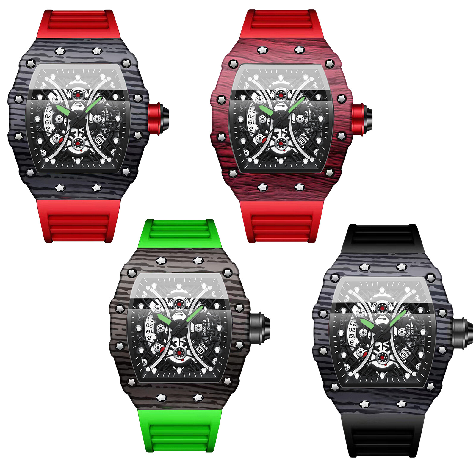 Luminous Mens Silicone Sports Watch Tonneau Skeleton Dial Date Quartz Wristwatch