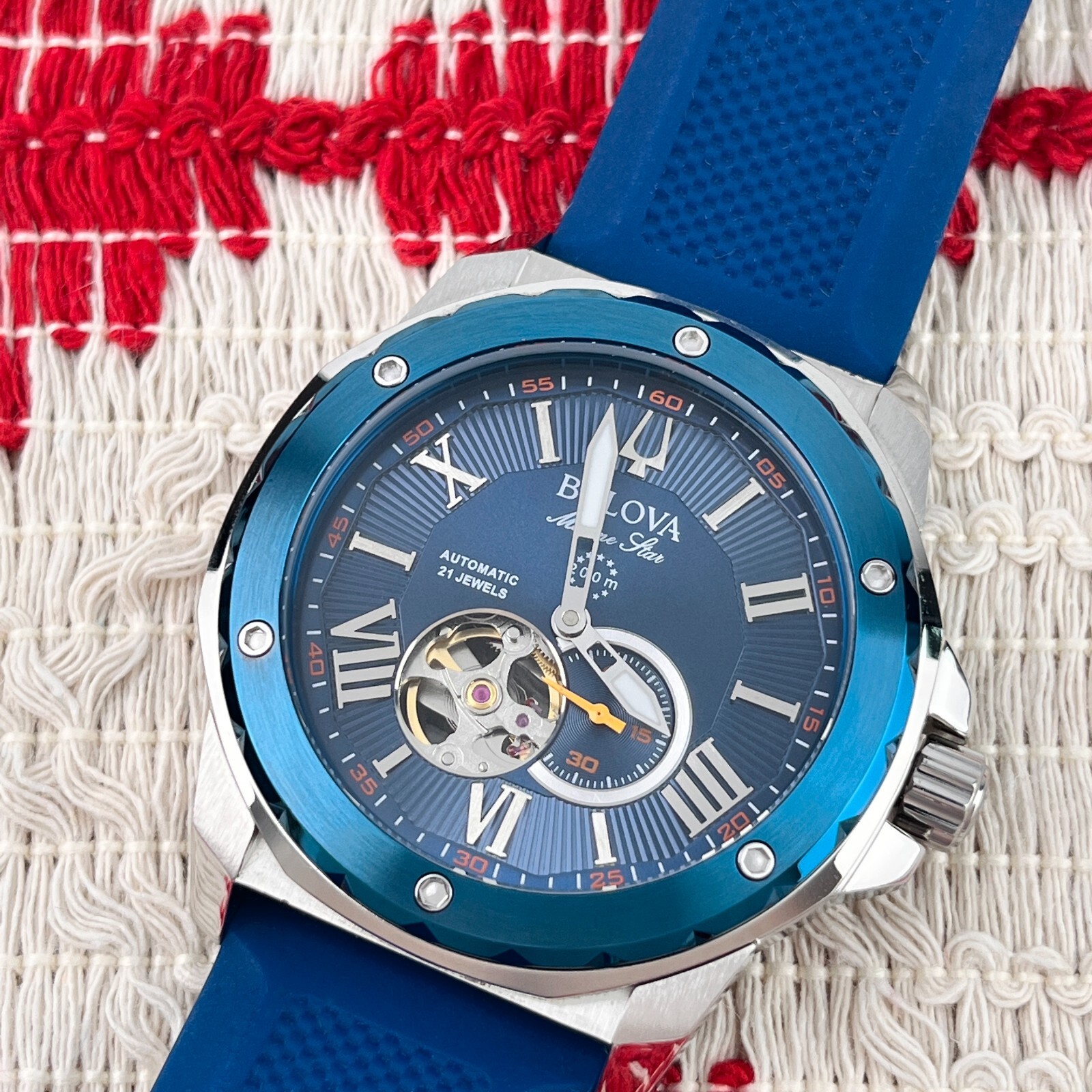 Bulova Marine Star 98A303 Automatic Blue Dial 45mm Blue Rubber Strap Men’s Watch