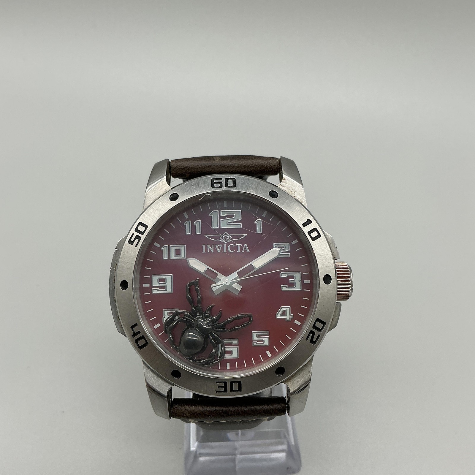 Invicta 1172 Tritnite Mens Watch 49mm Red Dial Brown Leather Spider New Battery