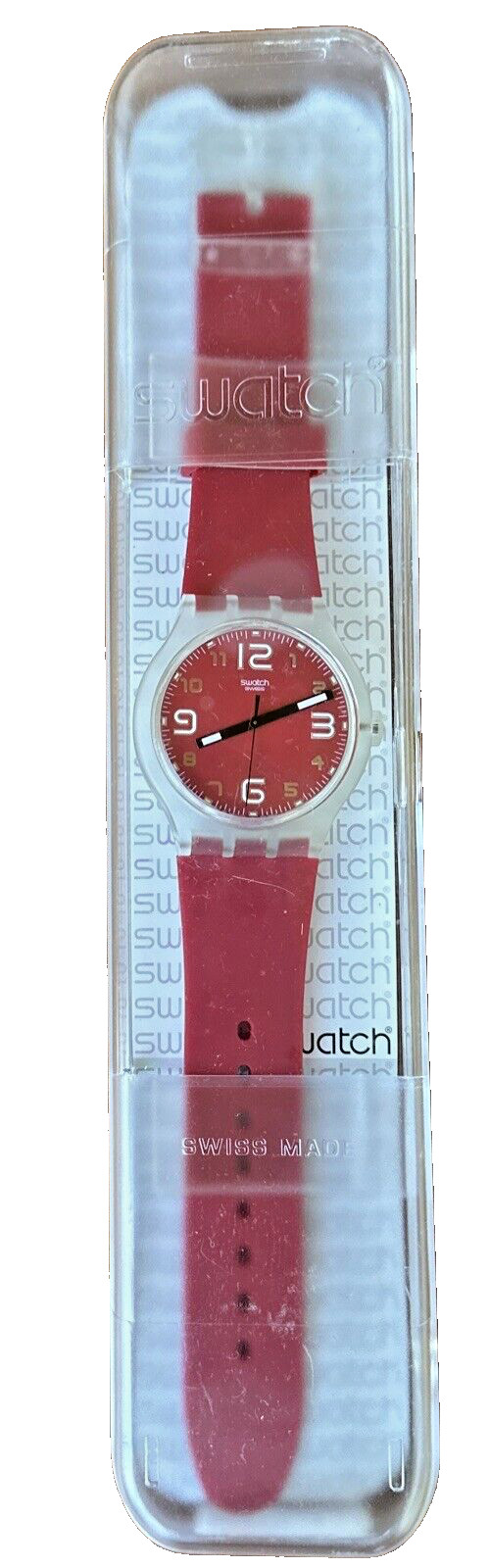Swatch XL “Vida Loca” 44mm Red Dial Clear Case + Packaging Pre-Owned Good