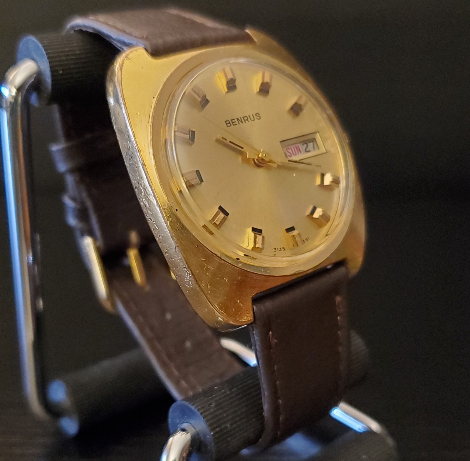 Vintage 1970s Benrus Ref. 3135 361 Gold Plated Manual Wind Watch, Stem Issue