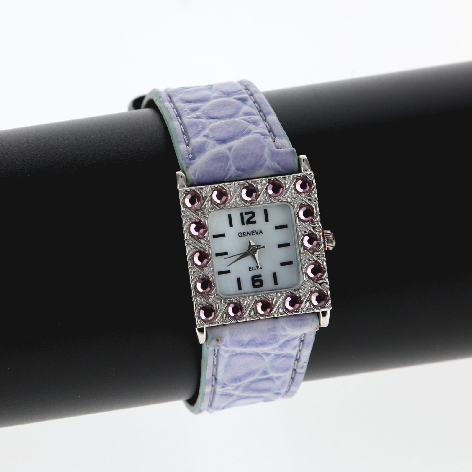 Square Geneva Purple Rhinestone Dial Women’s Watch Purple Leather Band