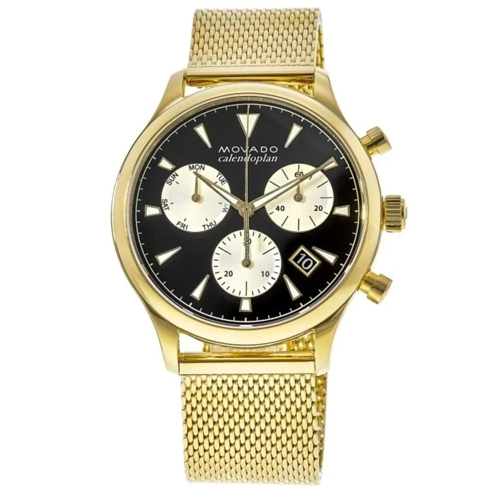 New Movado Heritage Calendoplan Gold Tone Chrono 3650098 Mens Swiss 43mm Watch