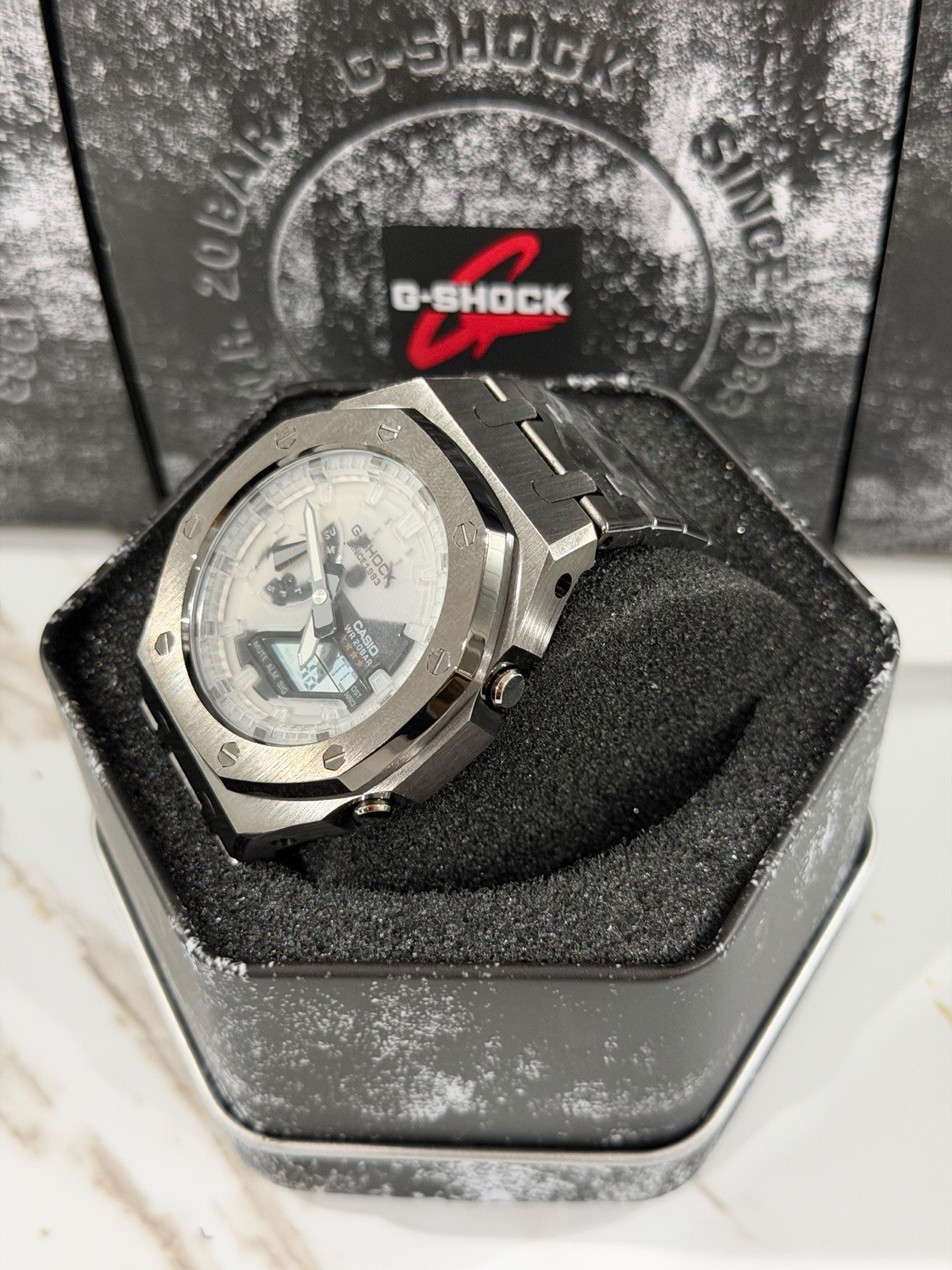 Casio GA-2100 G-Shock Watch – Sandblasted Metal Case Mod – White Dial
