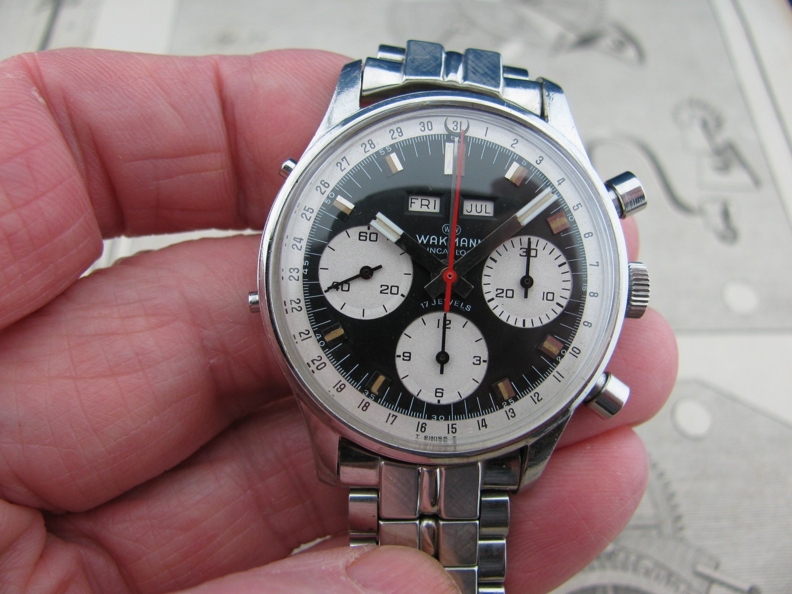 Wakmann Triple Date Calendar Chronograph Reverse Panda Dial Original Unpolished