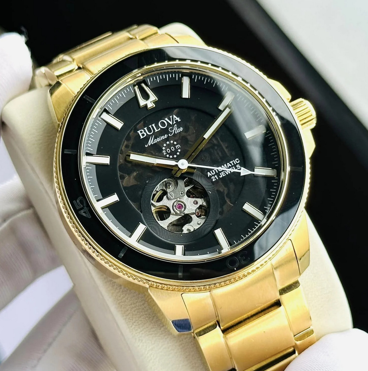 Bulova Gold Tone Men’s Marine Star Automatic Black Dial Watch 97A174