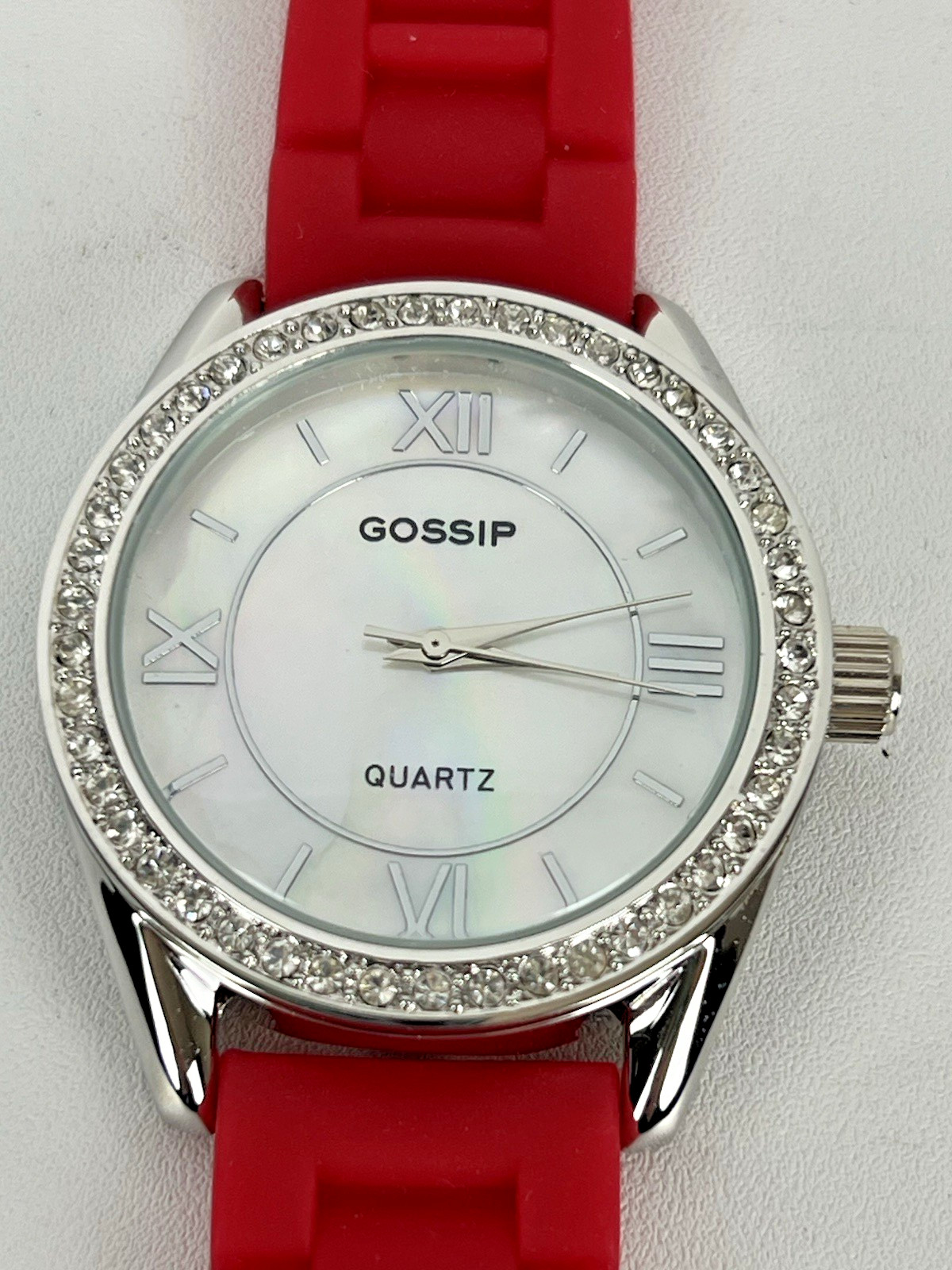 GOSSIP Red Silicone Band Silver Tone Mother of Pearl Face w/ Crystals Quartz