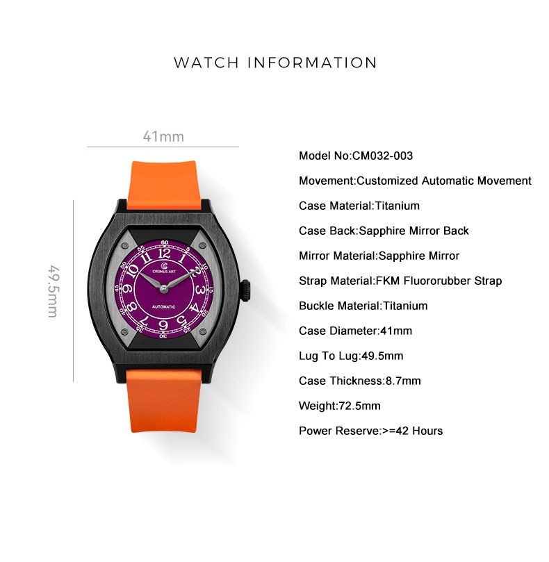 CRONUSART Men Automatic Watch Titanium Tonneau Mechanical Wristwatch Micro Rotor