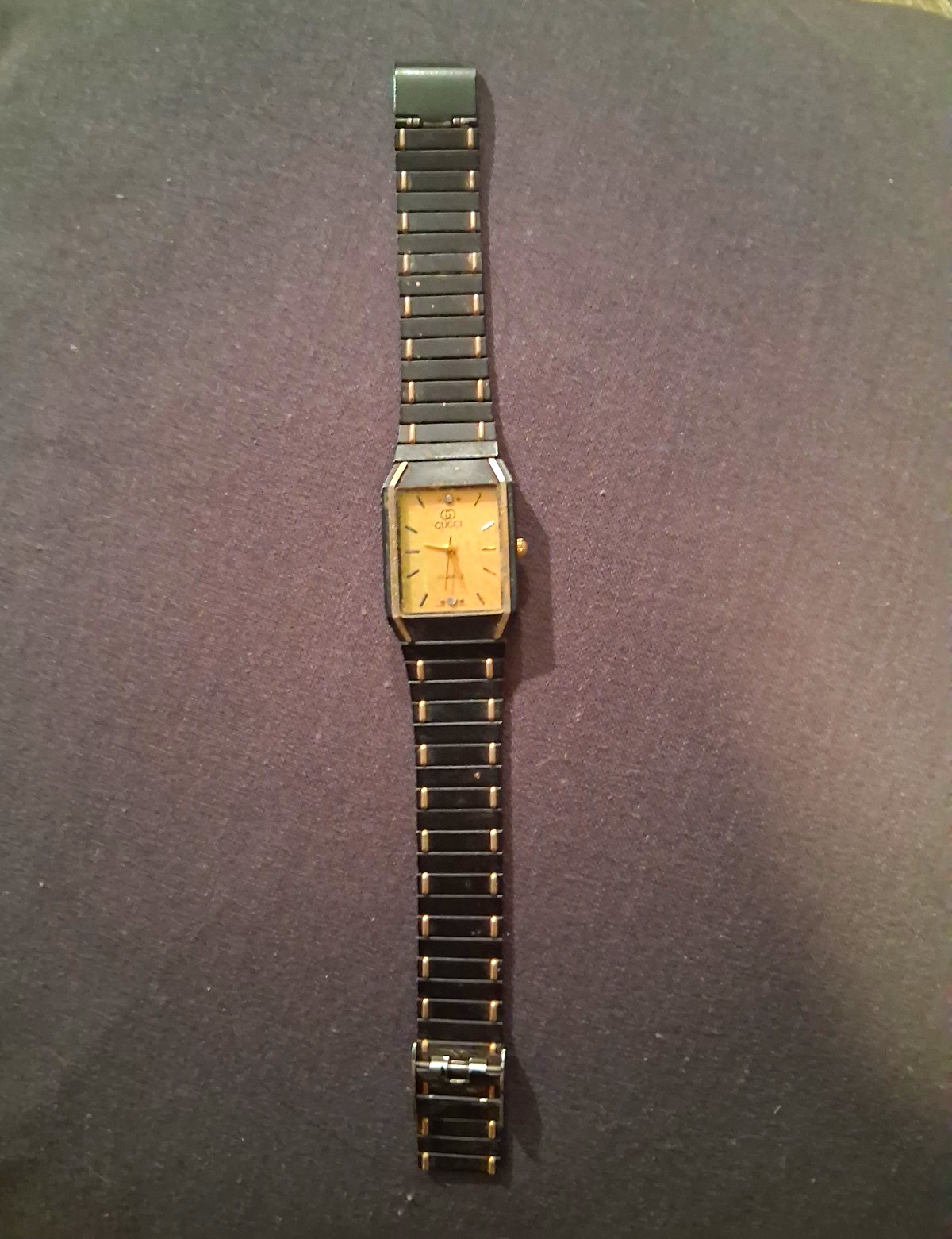 Gucci Quartz Rectangular Analog Watch Gold Dial Black/Silver Steel Bracelet