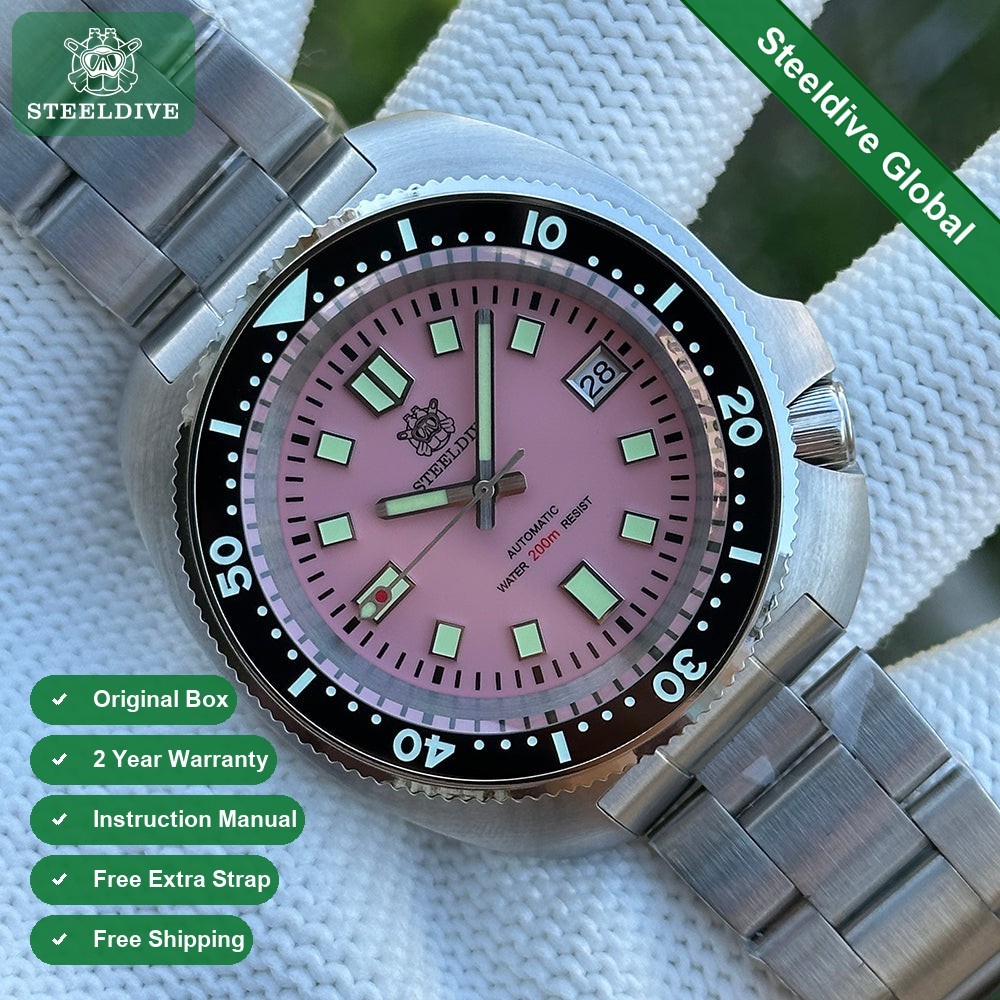 STEELDIVE SD1974 Mens 43.8mm 200M Automatic Dive Watch NH35 Steel Pink