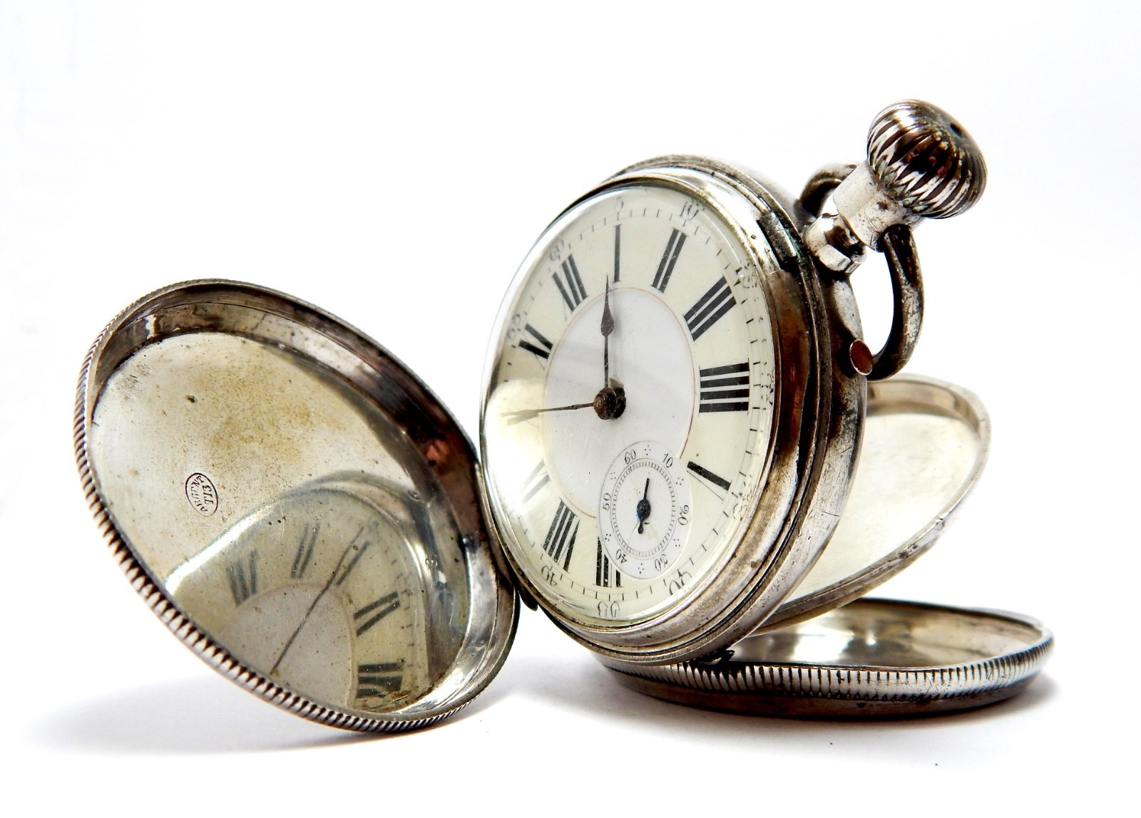Pocket Watch ANCRE C. ROBERT Geneve Hunter Dial Porcelain Silver 50mm Working