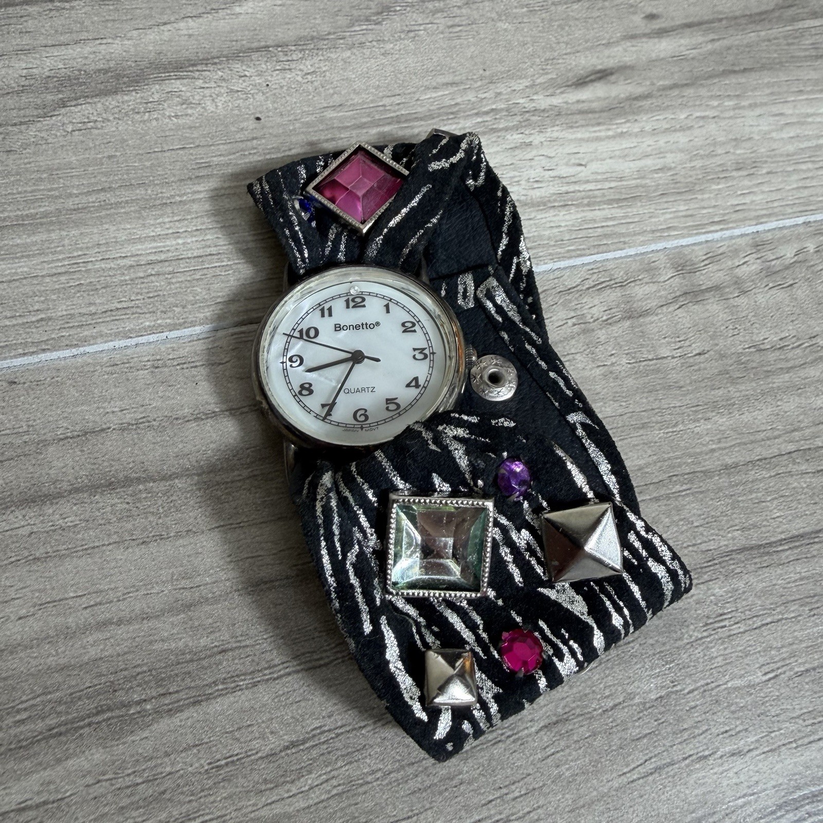 Vintage Bonetto Watch Women’s Rhinestones Fabric Strap Adjustable Snap Jewel