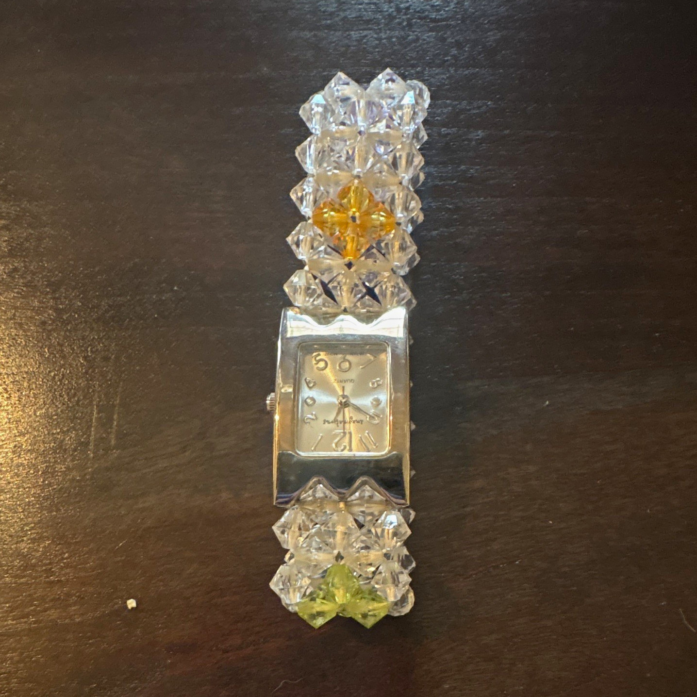 Women’s Analog Rectangle Watch Silver Dial Clear Beaded Bracelet Handmade