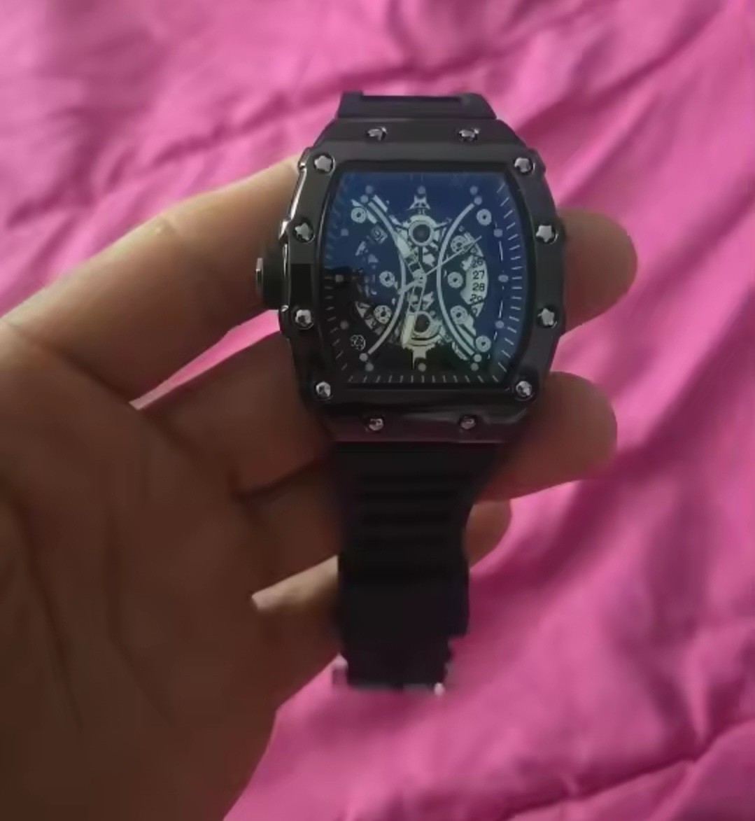 Tonneau Skeleton Dial Analog Wristwatch w/ Date, Black Rubber Strap Big Face New