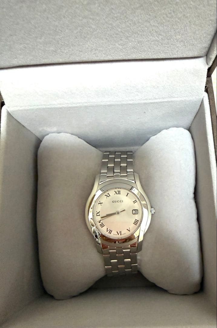 [Near Mint] GUCCI 5500M Silver Roman Date Quartz Watch Large Wrist Band 20cm