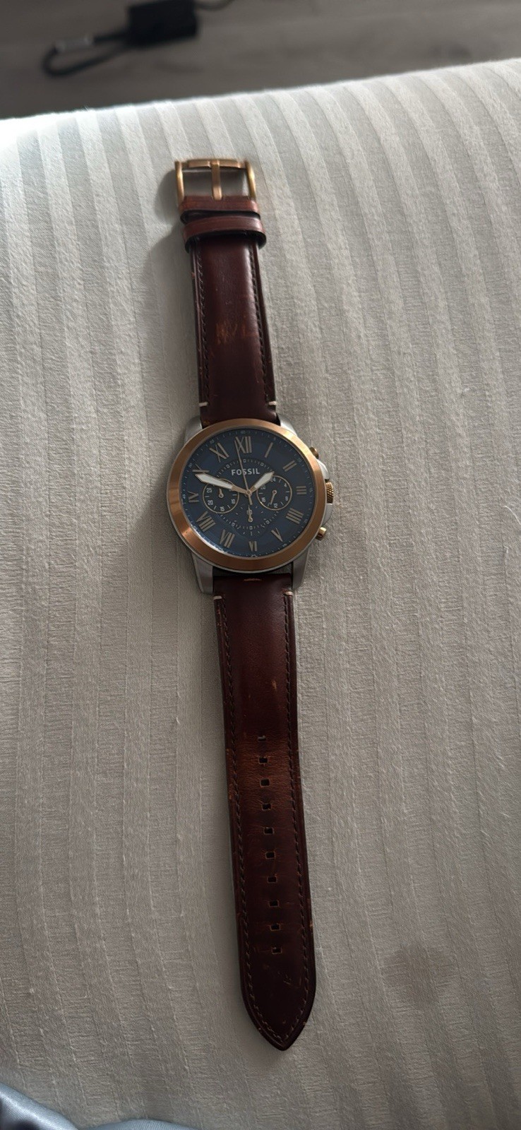 Fossil Grant Chrono Blue Dial Two-Tone Case Brown Leather Band Men Watch FS5150