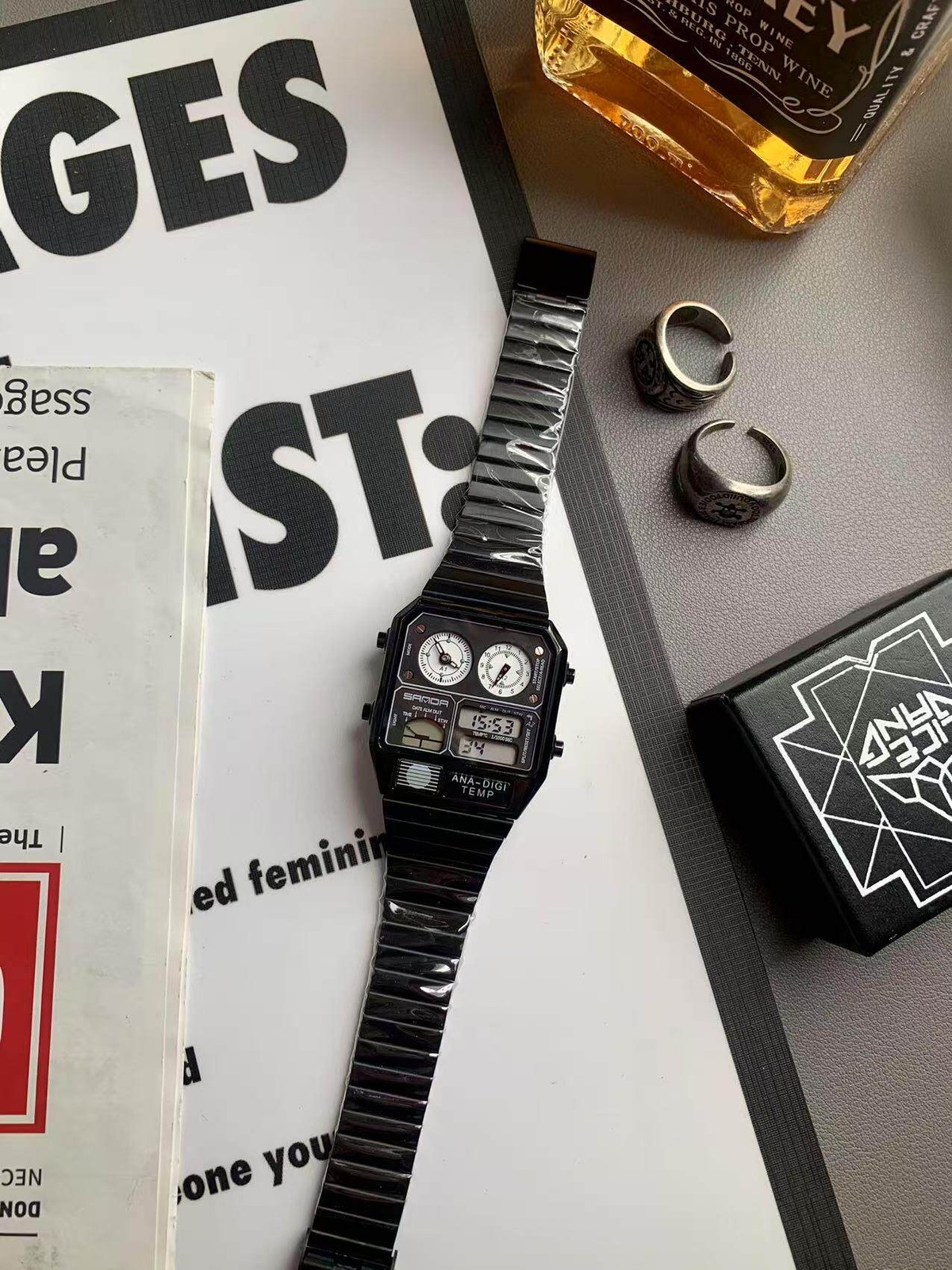 Retro Thin Square Sports Watch Luminous Alarm Waterproof Stainless Steel Band