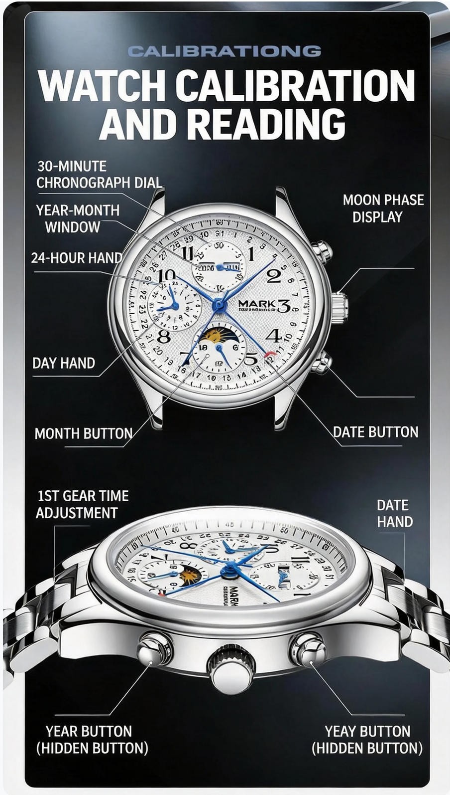 MARK FAIRWHALE Men Multifunction Moon Phase Calendar Automatic Mechanical Watch