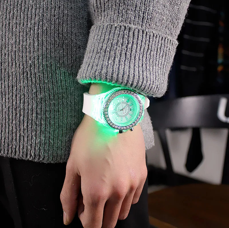 Kids Adult LED Light Flash Luminous Fashion Rhinestone Silicone Wrist Watch