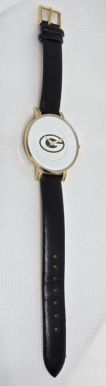 Women’s Green Bay Packers Crystal Accents Lugs Black Leather Strap Watch 10
