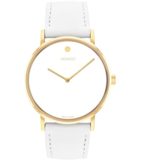 MOVADO SIGNATURE 0608097 WHITE DIAL WHITE LEATHER STRAP 40MM GOLD MENS WATCH