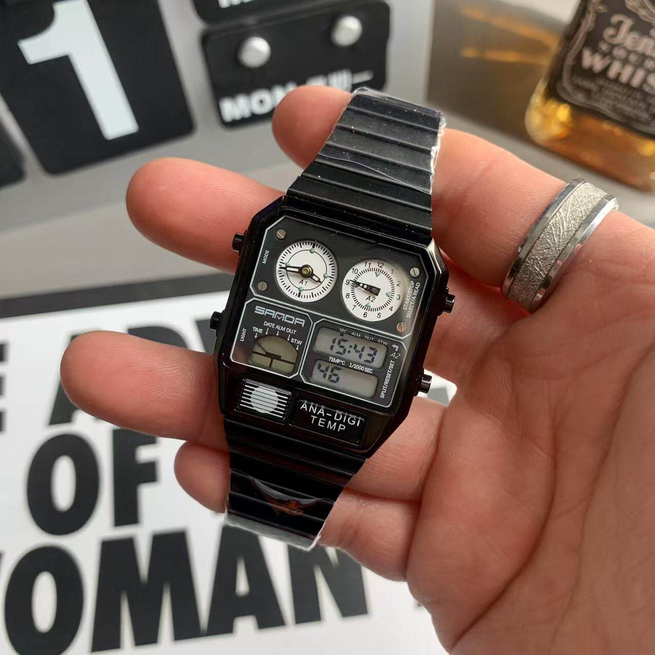 Retro Thin Square Sports Watch Luminous Alarm Waterproof Stainless Steel Band