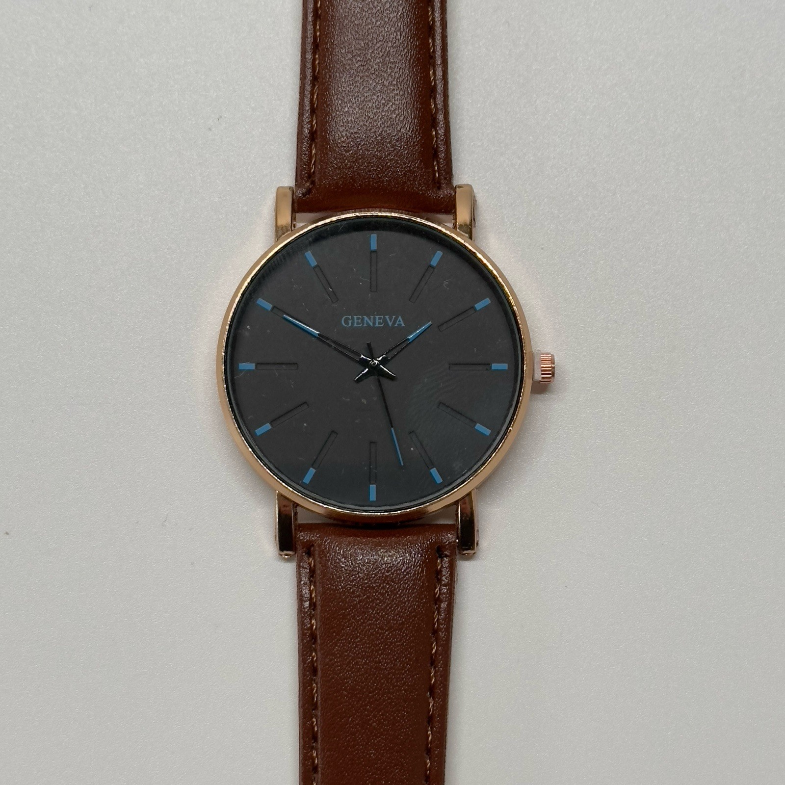 Geneva Wrist Watch Black Face With Blue Indices & Brown Strap