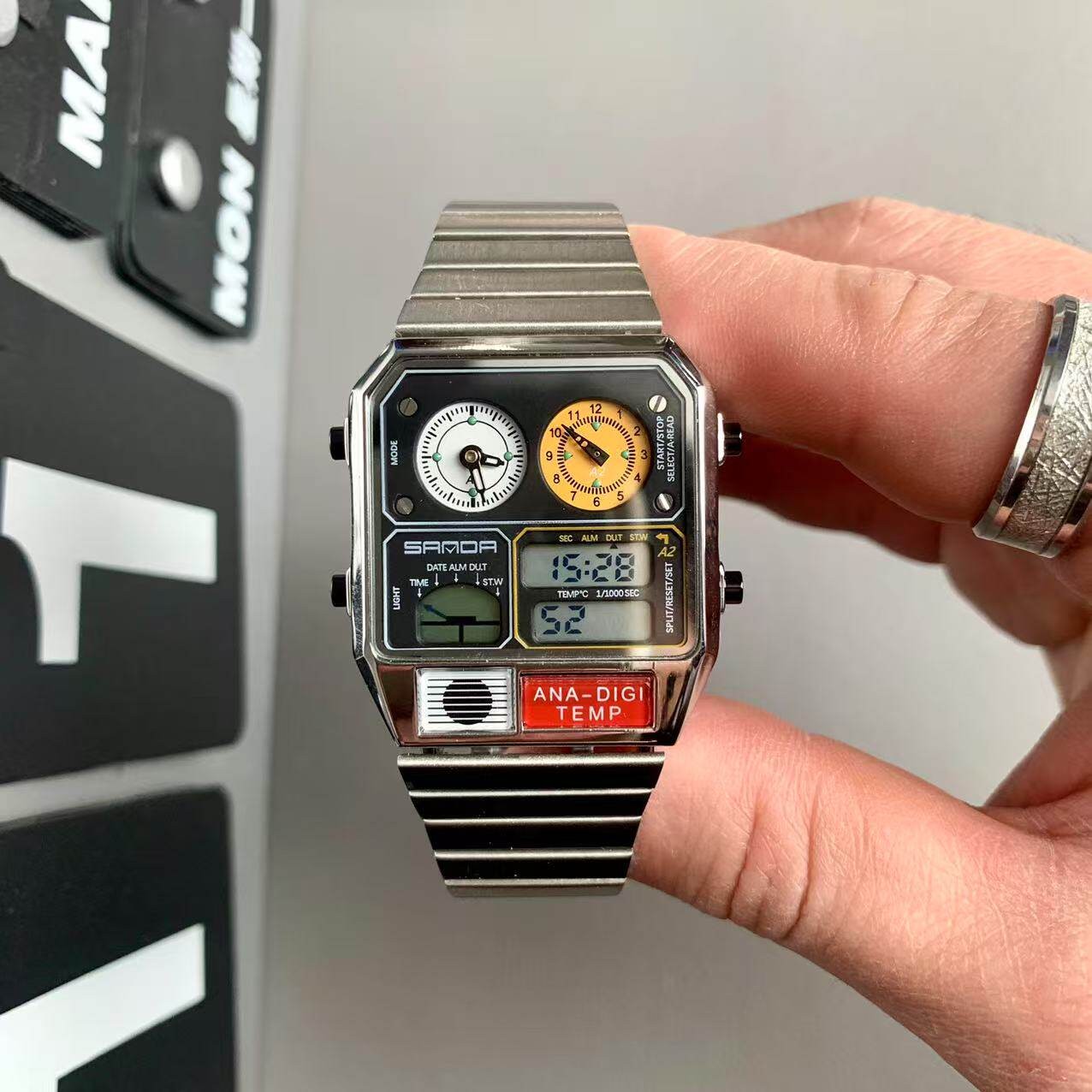 Retro Thin Square Sports Watch Luminous Alarm Waterproof Stainless Steel Band