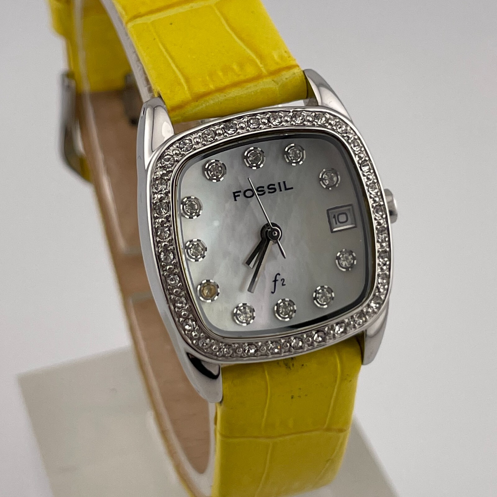 Fossil F2 Watch ES-9982 Womens Date 23mm Case Pearl Look Dial Yellow Leather