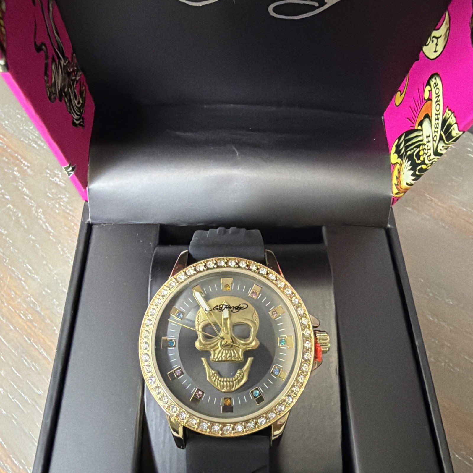Ed Hardy Quartz Movement Matte Black Silicone Strap Analog Watch 36mm