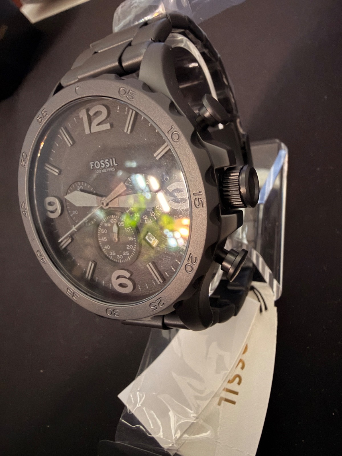 Fossil JR1401 Matte Black Stainless Chronograph Watch 10ATM 24mm Working Sleek