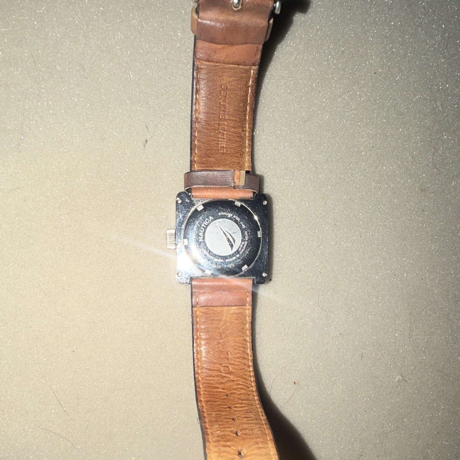 Nautica Men’s Square Analog Quartz Watch Date Brown Leather Strap White Dial
