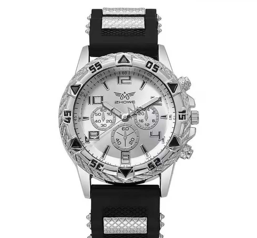 Silver Tone Watch Silver Dial Faux Chrono Black Rubber Band Running
