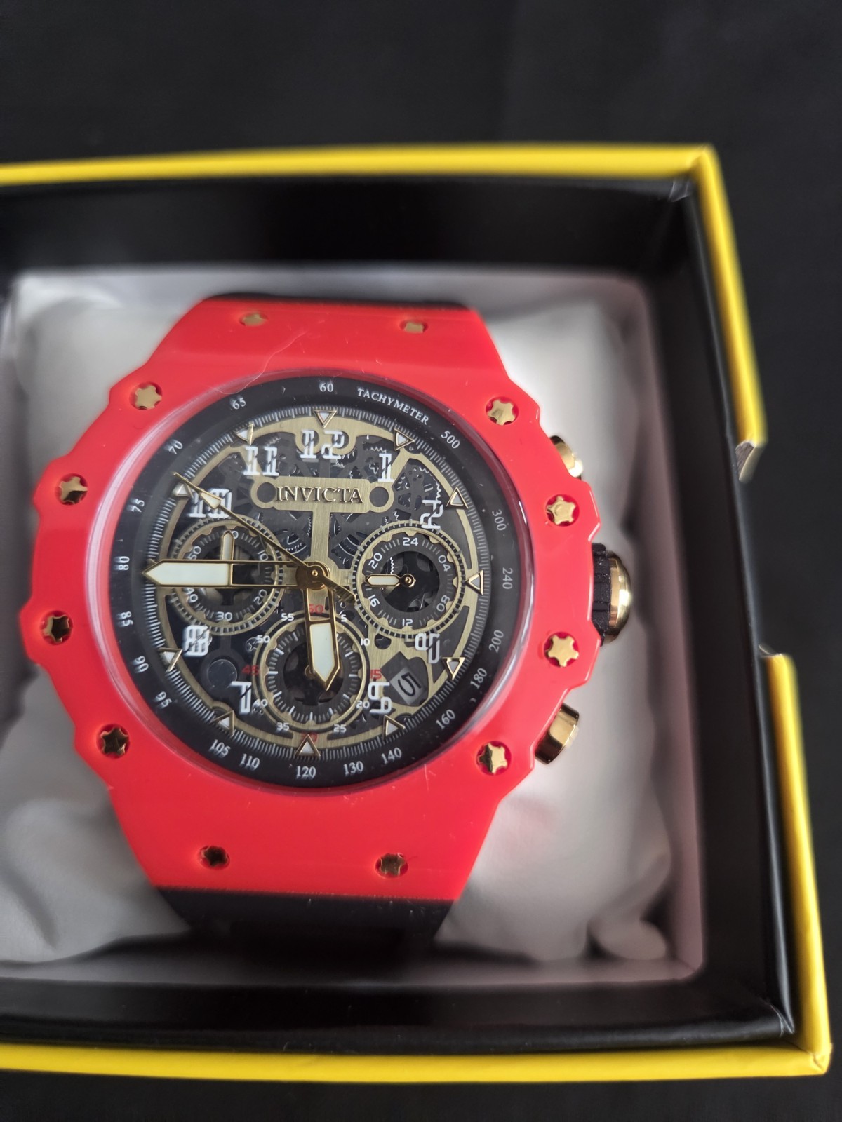 Invicta Men’s Quartz Chronograph Tachymeter Date Red Case Black Silicone Strap